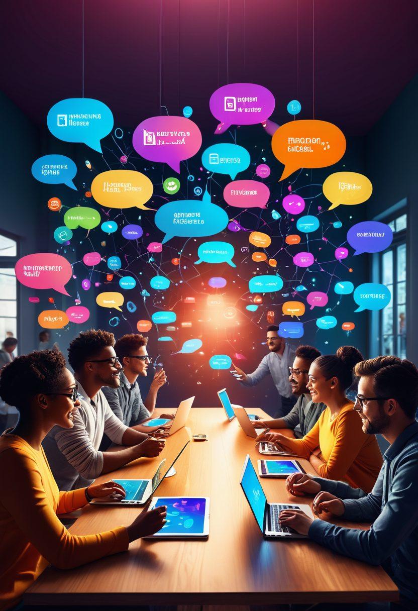 A diverse group of people engaged in animated discussions around a large table, with colorful guest articles and digital devices showcasing blog posts. Include visual elements like speech bubbles and glowing icons symbolizing knowledge sharing and connection. The background should feature a digital forum glowing with interaction. vibrant colors. 3D. dynamic lighting.