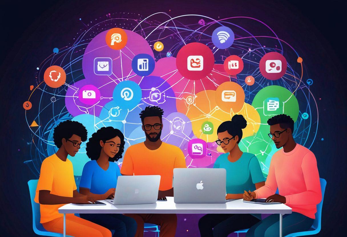 An illustration of diverse individuals engaged in a digital workspace, collaborating over a glowing laptop displaying a colorful network of connections. In the background, icons symbolizing social media, blogs, and forums are interconnected with vibrant lines. The scene reflects a sense of community and sharing ideas, with warm, inviting tones. super-realistic. vibrant colors. dynamic composition.